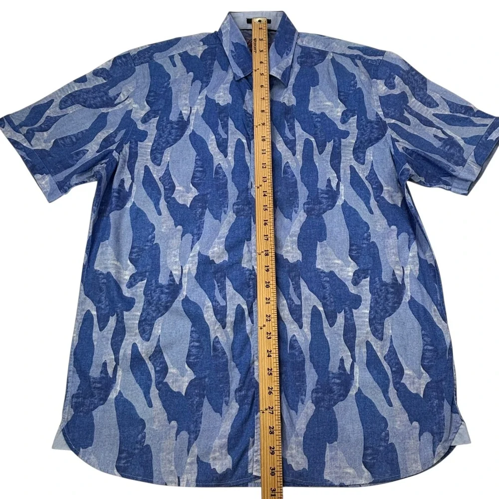 Luciano Visconti Mens‎ Shirt Large Blue Camouflage Pattern Short Sleeve - Picture 9 of 16